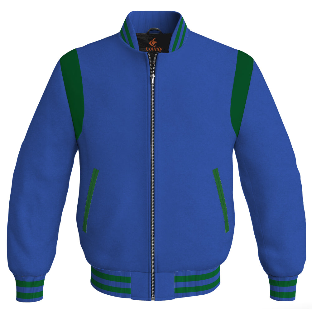 Letterman Baseball Bomber Retro Jacket Royal Blue Body Green Leather Inserts