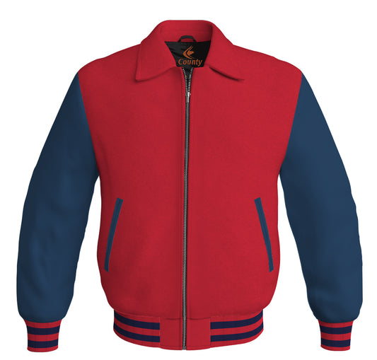 Luxury Bomber Classic Jacket Red Body and Navy Blue Leather Sleeves