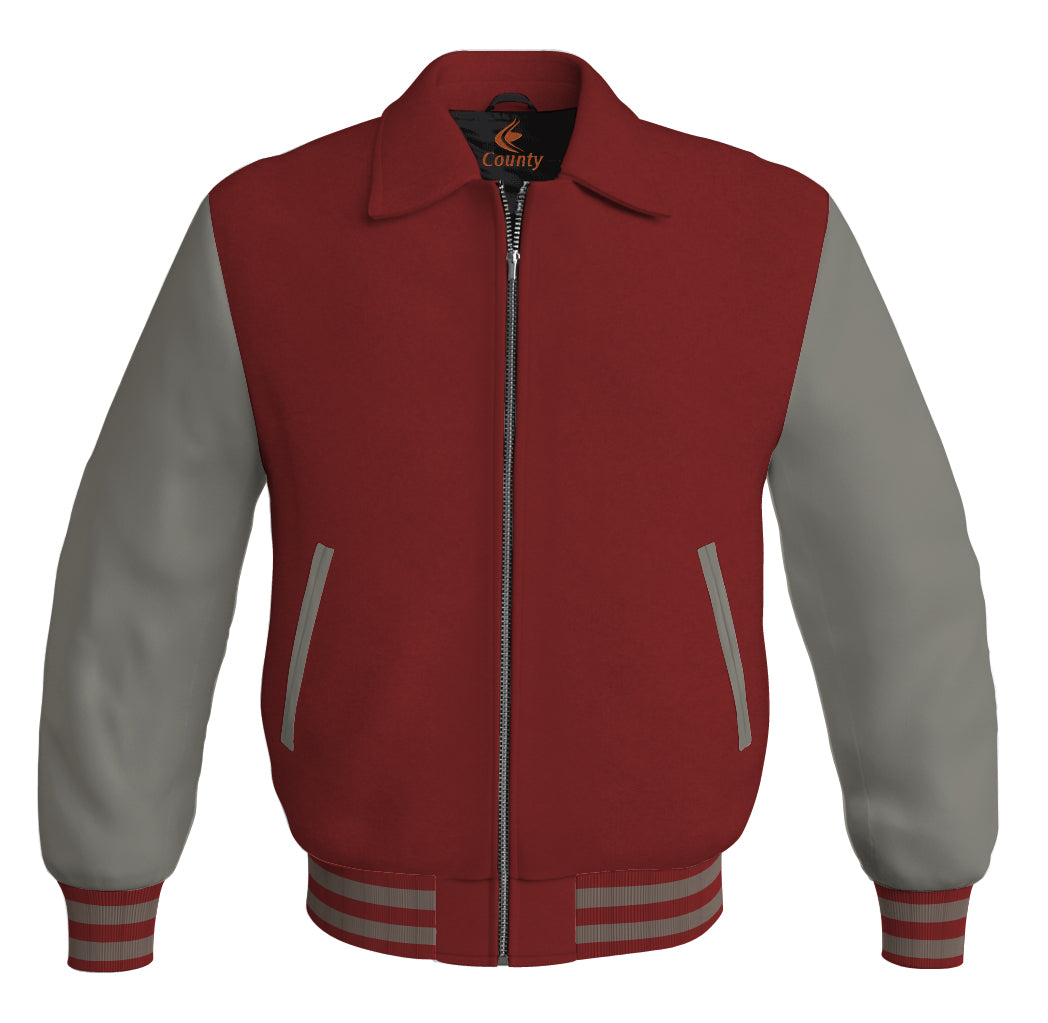 Luxury Bomber Classic Jacket Maroon Body and Gray Leather Sleeves