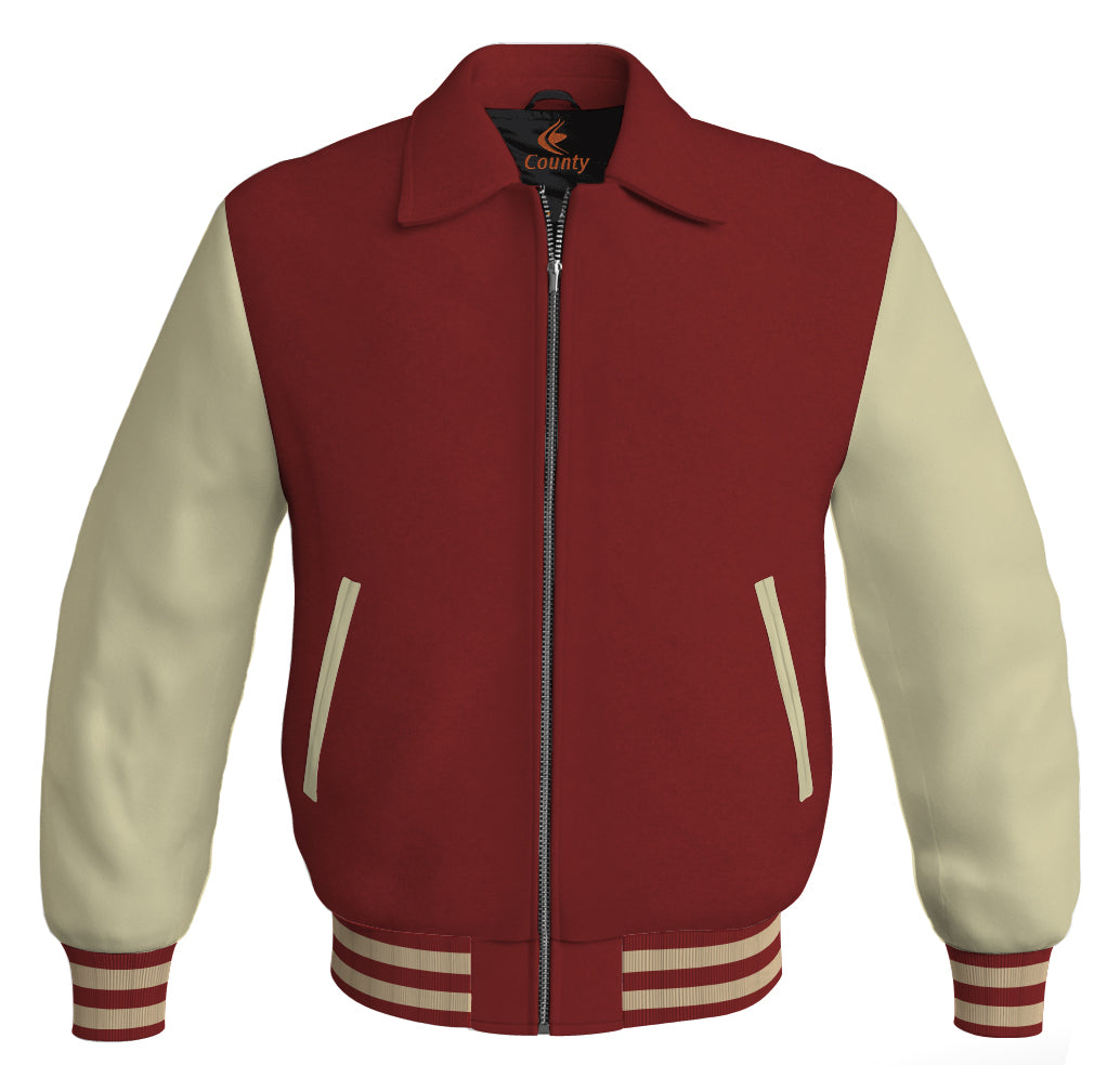 Luxury Bomber Classic Jacket Maroon Body and Cream Leather Sleeves