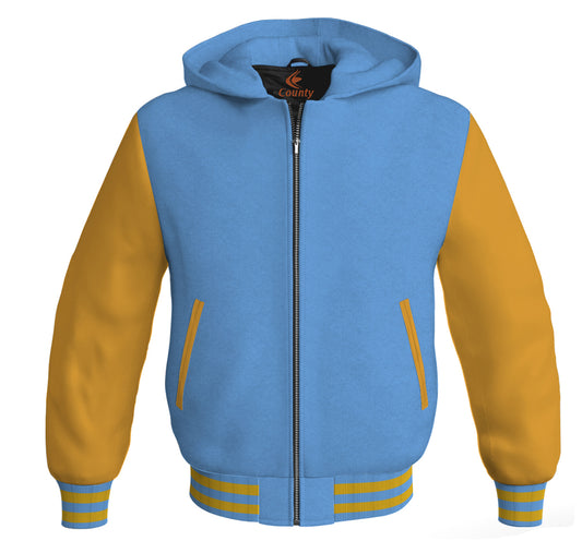 Letterman Bomber Hoodie Jacket Sky Blue Body Gold Leather Sleeves