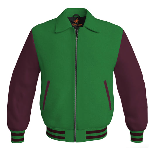 Luxury Bomber Classic Jacket Green Body and Maroon Leather Sleeves