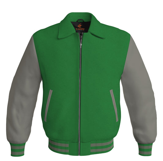 Luxury Bomber Classic Jacket Green Body and Gray Leather Sleeves