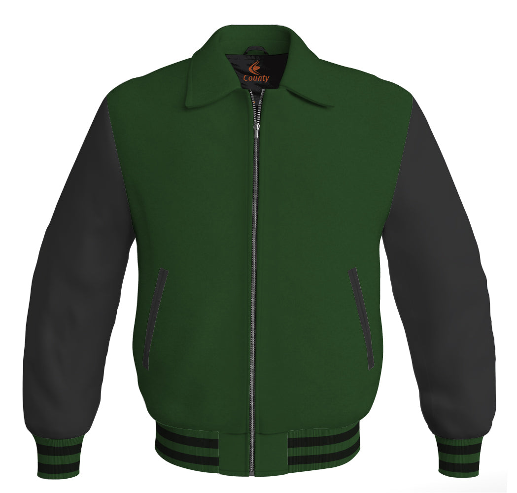 Luxury Bomber Classic Jacket Forest Green Body and Black Leather Sleeves