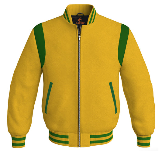 Letterman Baseball Bomber Retro Jacket Yellow/Gold Body Green Leather Inserts