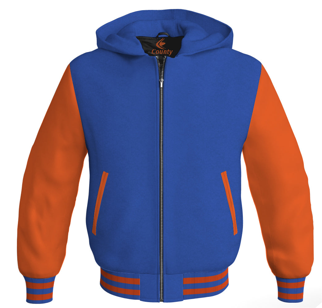 Letterman Bomber Hoodie Jacket Royal Blue Body Orange Leather Sleeves