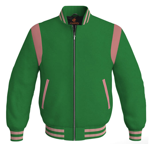 Letterman Baseball Bomber Retro Jacket Green Body Pink Leather Inserts