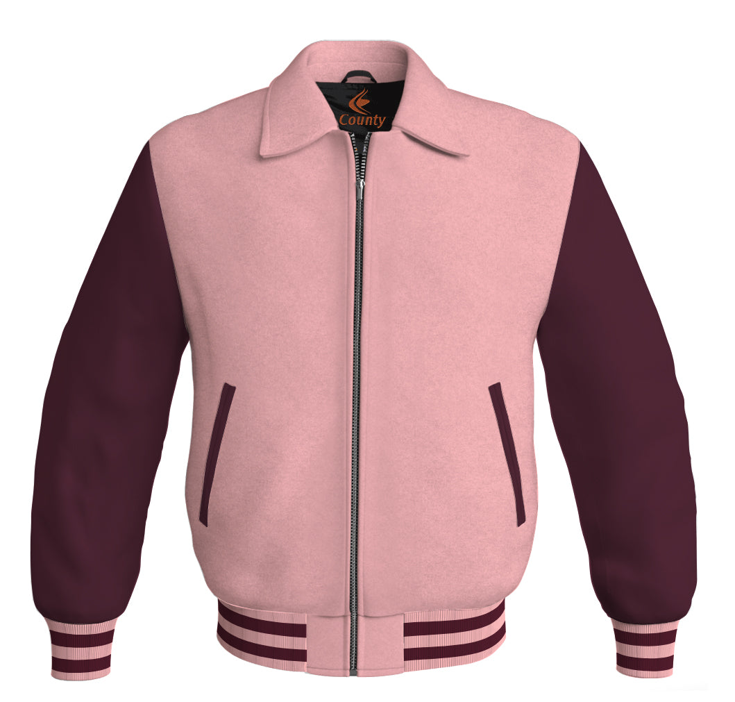 Luxury Bomber Classic Jacket PInk Body and Maroon Leather Sleeves