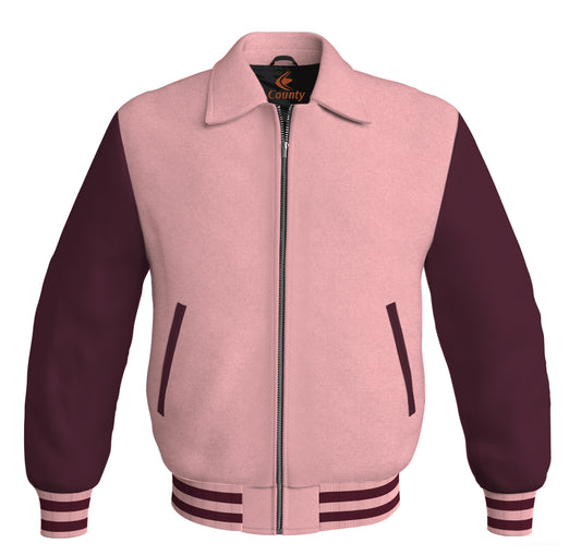 Luxury Bomber Classic Jacket PInk Body and Maroon Leather Sleeves