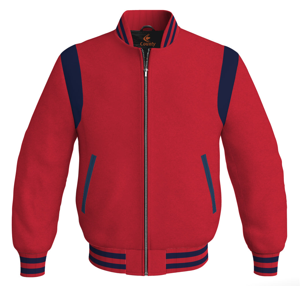 Letterman Baseball Bomber Retro Jacket Red Body Navy Blue Leather Inserts