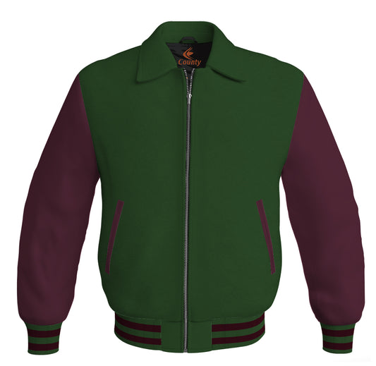 Luxury Bomber Classic Jacket Forest Green Body and Maroon Leather Sleeves