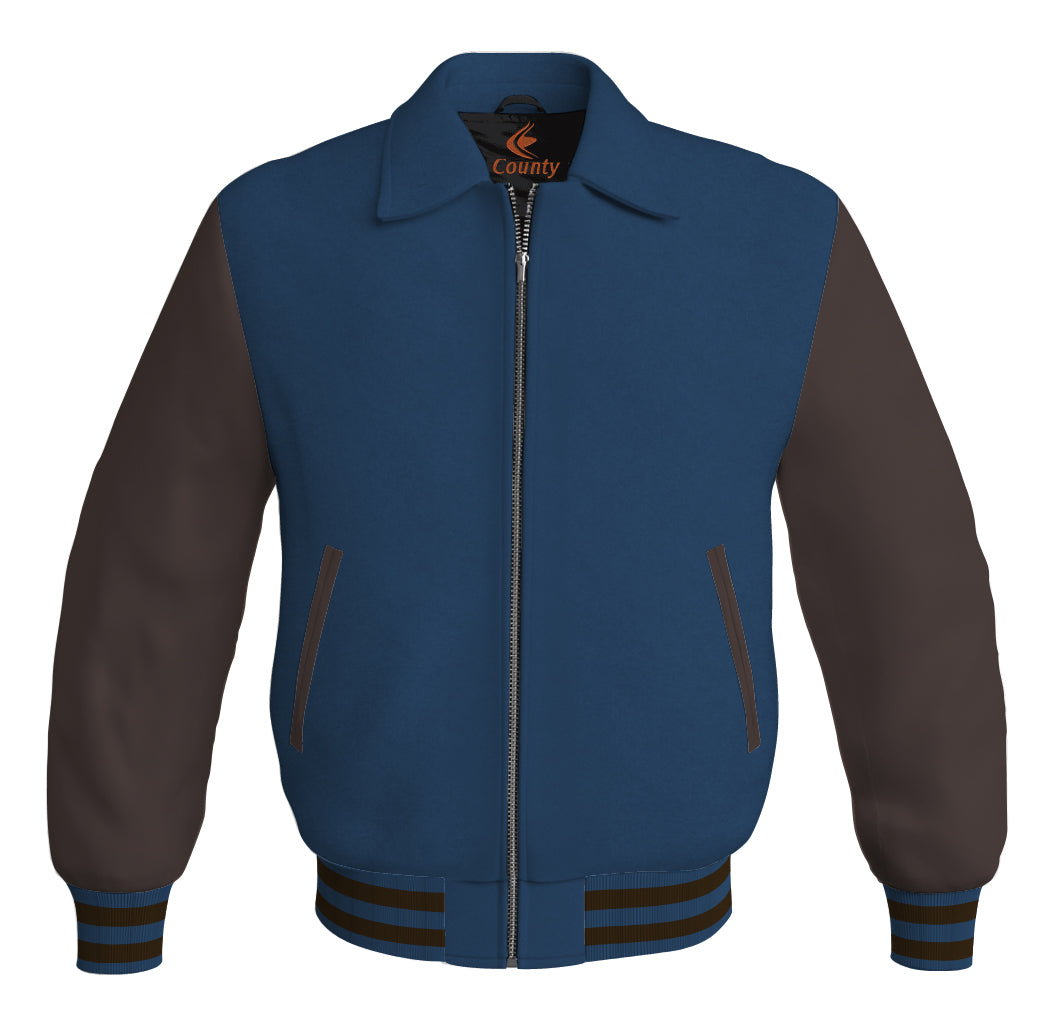 Luxury Bomber Classic Jacket Navy Blue Body and Brown Leather Sleeves