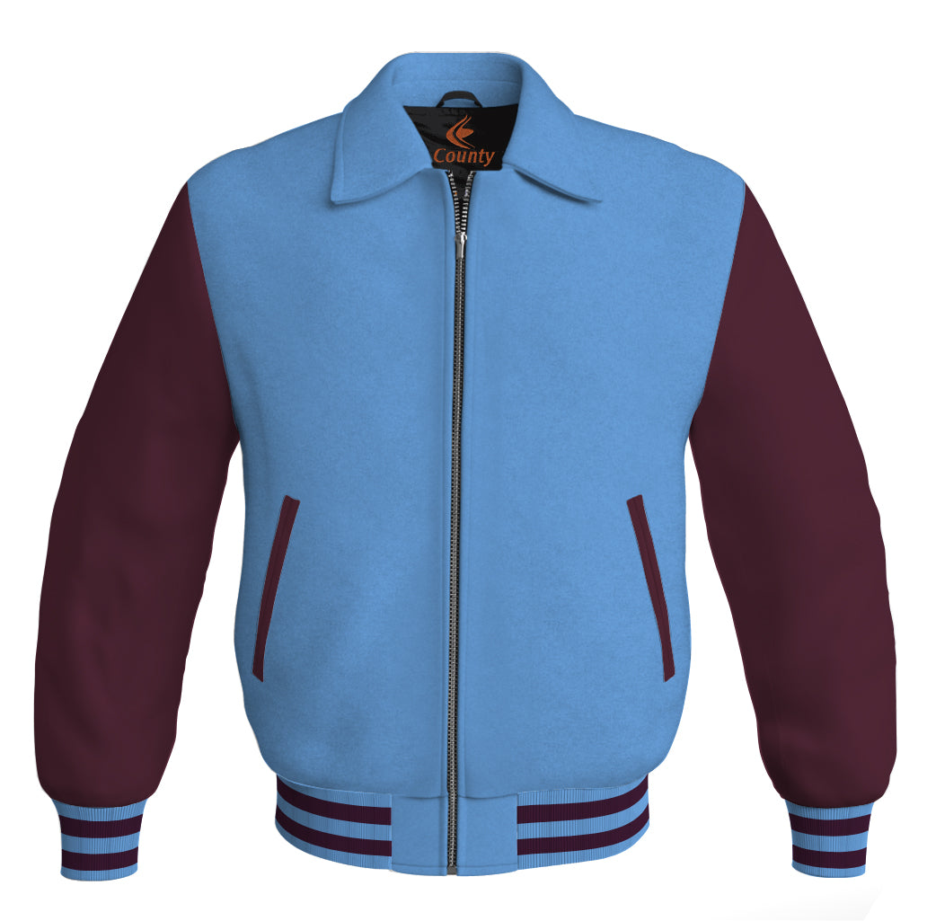 Luxury Bomber Classic Jacket Sky Blue Body and Maroon Leather Sleeves