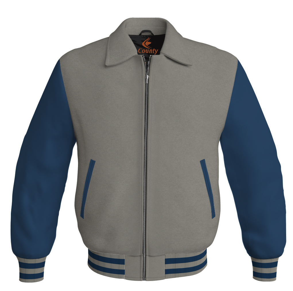 Luxury Bomber Classic Jacket Gray Body and Navy Blue Leather Sleeves