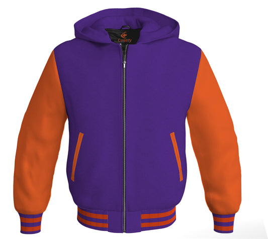 Letterman Bomber Hoodie Jacket Purple Body Orange Leather Sleeves