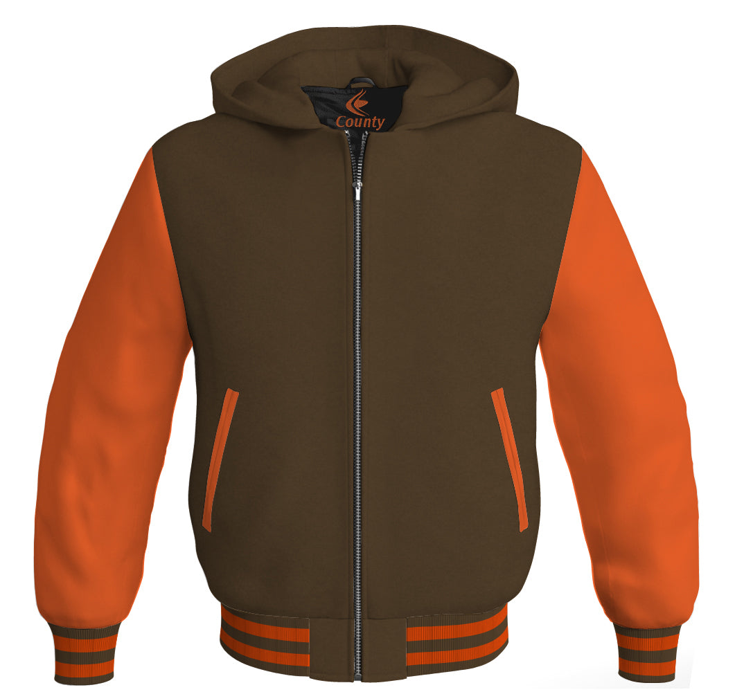 Letterman Bomber Hoodie Jacket Brown Body Orange Leather Sleeves