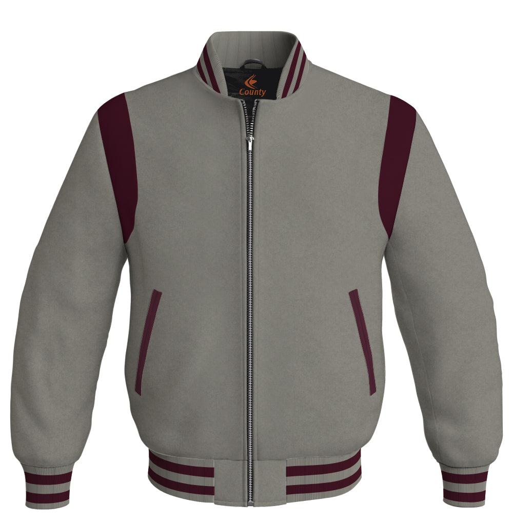 Letterman Baseball Bomber Retro Jacket Gray Body Maroon Leather Inserts