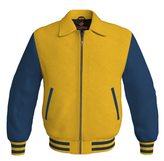 Luxury Bomber Classic Jacket Yellow/Gold Body and Navy Blue Leather Sleeves