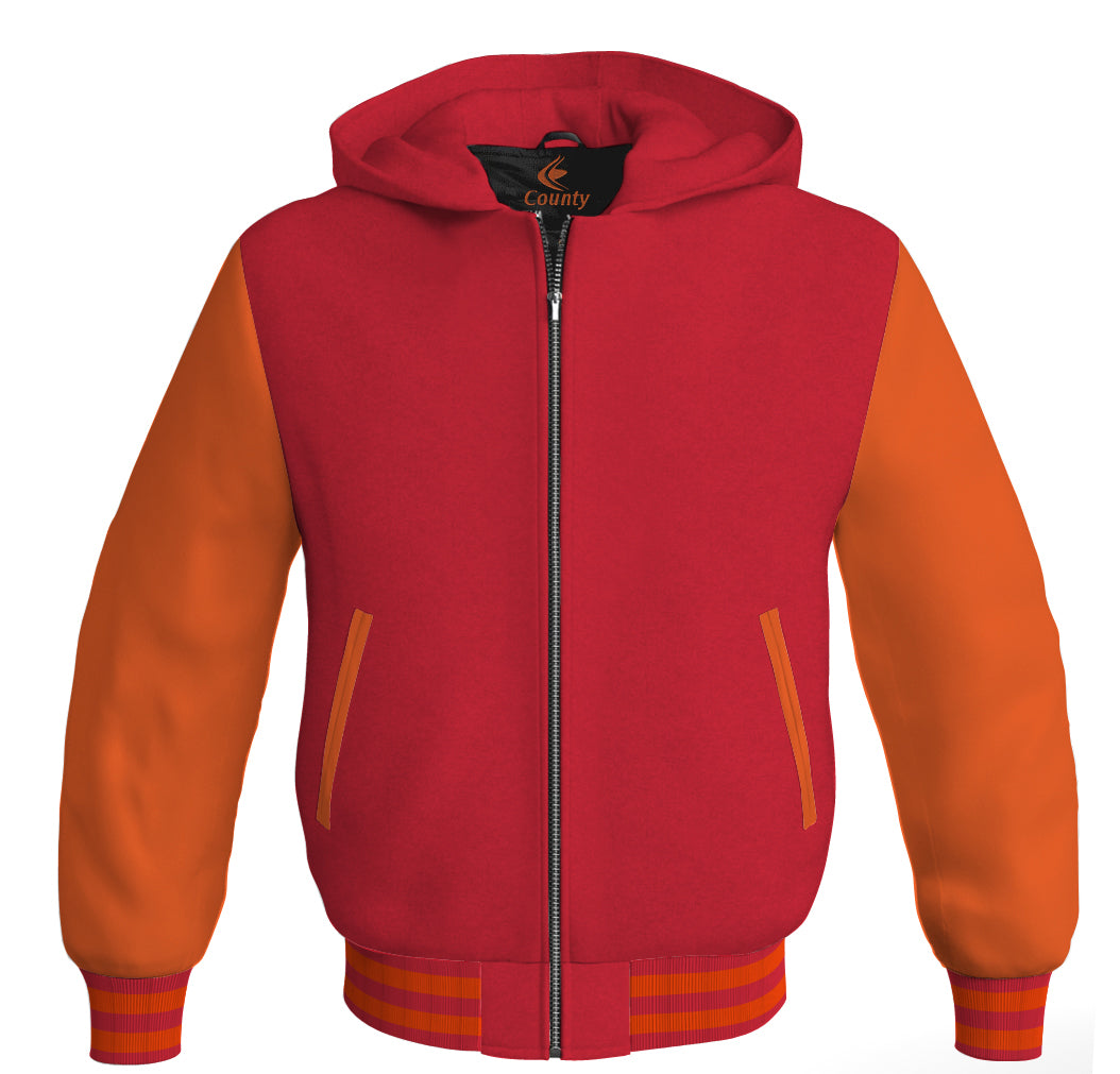 Letterman Bomber Hoodie Jacket Red Body Orange Leather Sleeves