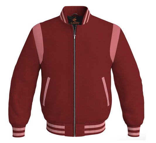 Letterman Baseball Bomber Retro Jacket Maroon Body Pink Leather Inserts