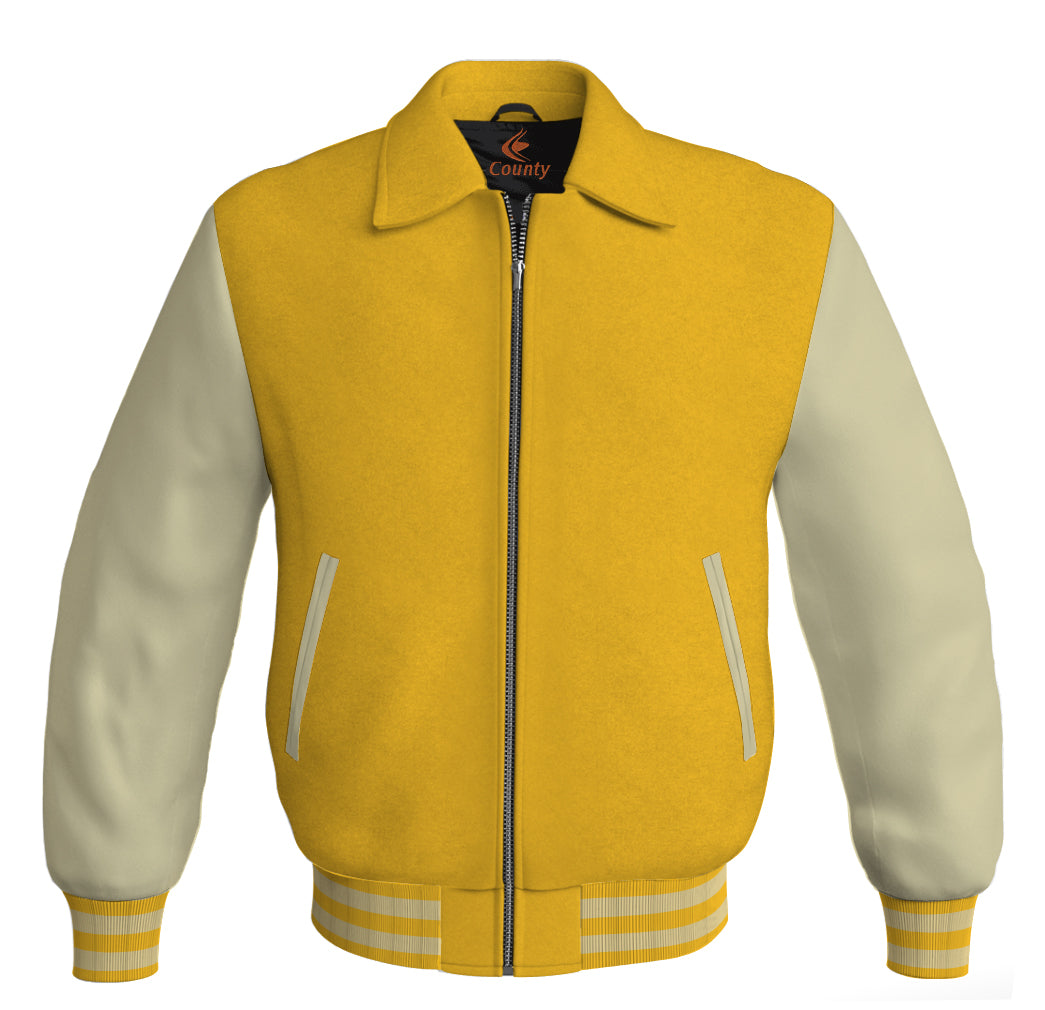 Luxury Bomber Classic Jacket Yellow/Gold Body and Cream Leather Sleeves