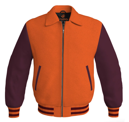 Luxury Bomber Classic Jacket Orange Body and Maroon Leather Sleeves