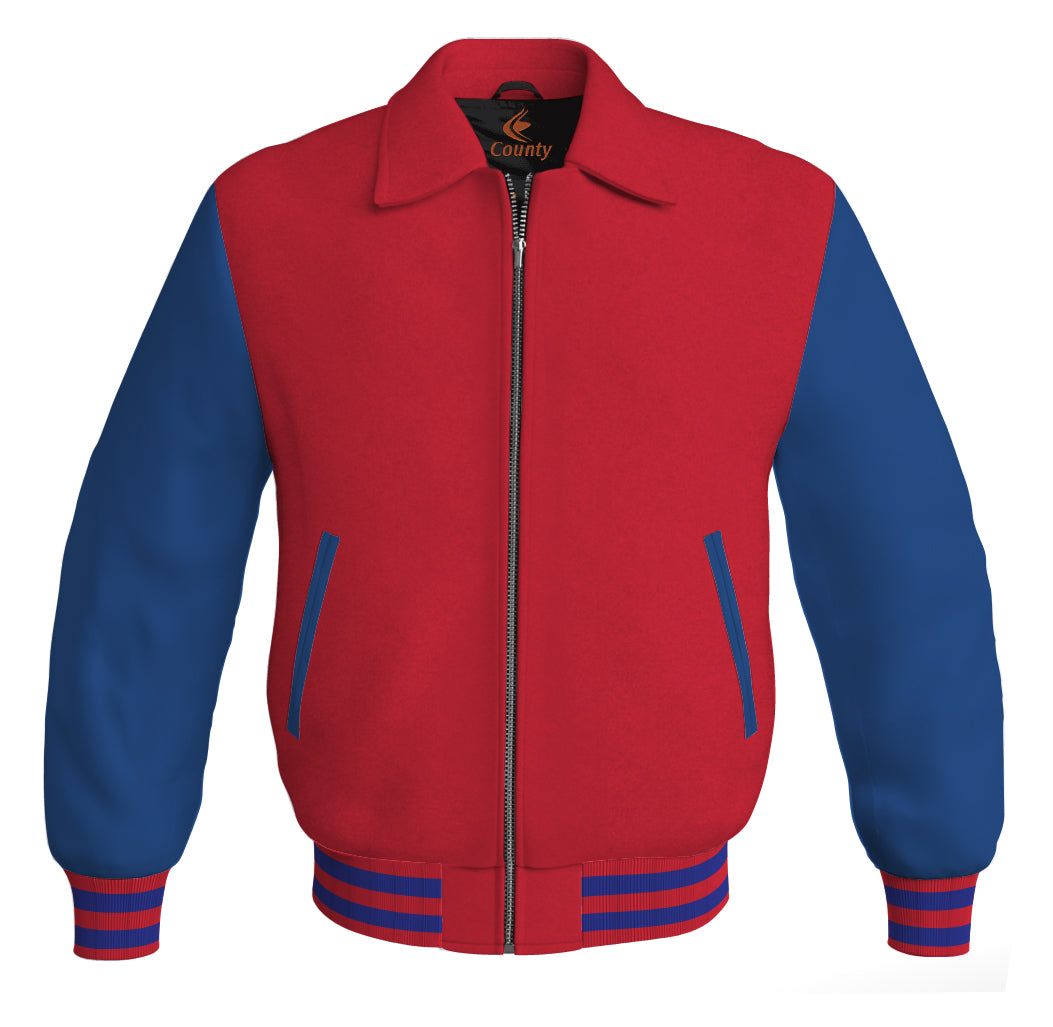 Luxury Bomber Classic Jacket Red Body and Blue Leather Sleeves