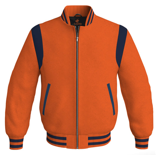 Letterman Baseball Bomber Retro Jacket Orange Body Navy Blue Leather Inserts