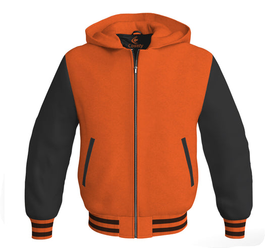 Letterman Bomber Hoodie Jacket Orange Body Black Leather Sleeves