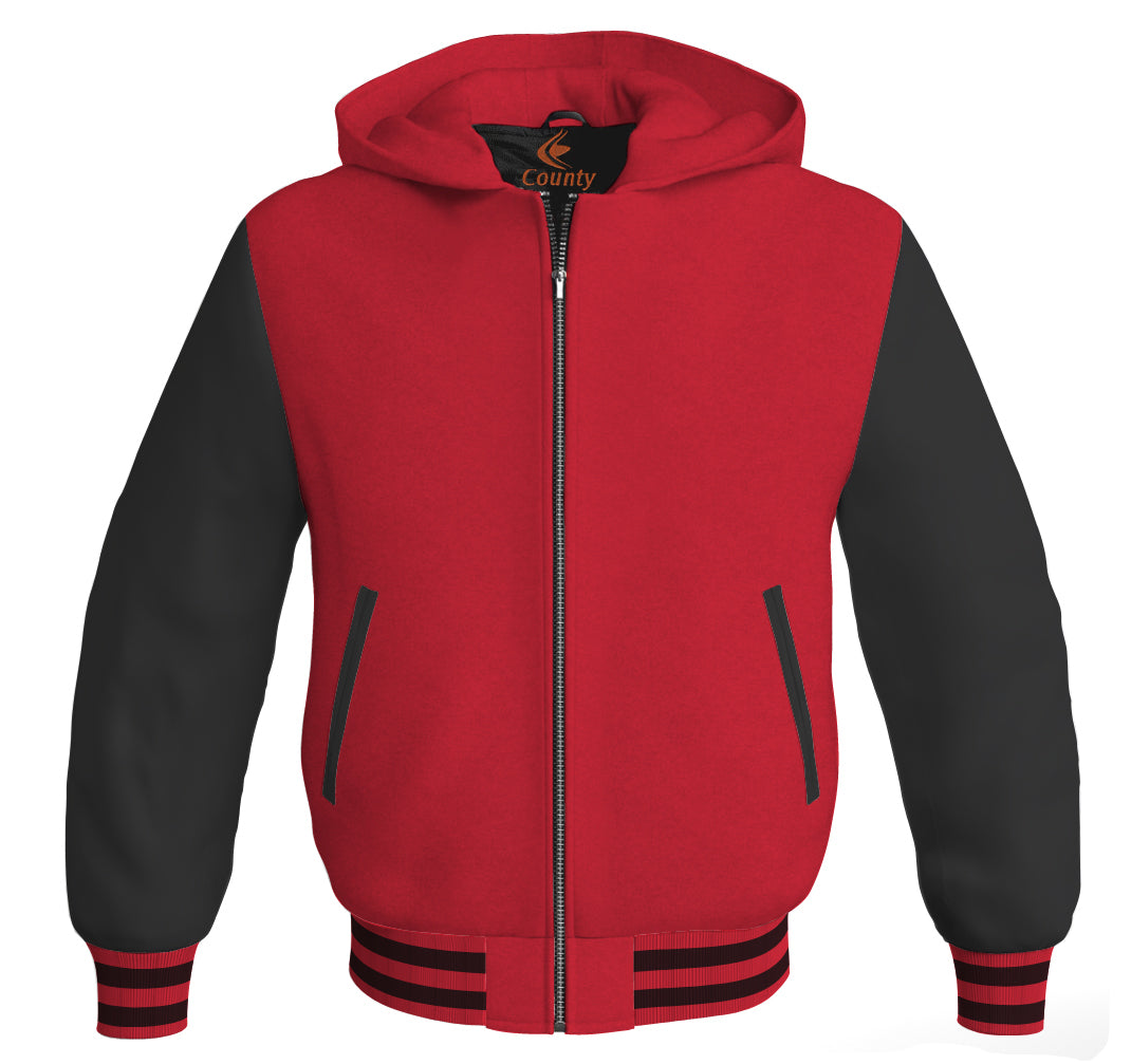 Letterman Bomber Hoodie Jacket Red Body Black Leather Sleeves