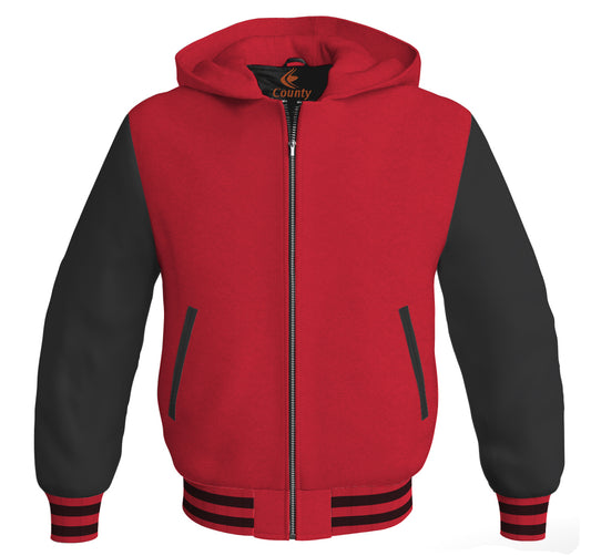 Letterman Bomber Hoodie Jacket Red Body Black Leather Sleeves