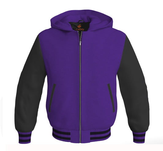 Letterman Bomber Hoodie Jacket Purple Body Black Leather Sleeves