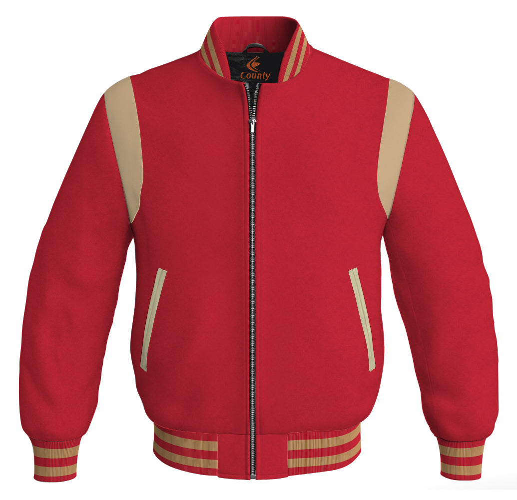 Letterman Baseball Bomber Retro Jacket Red Body Cream Leather Inserts