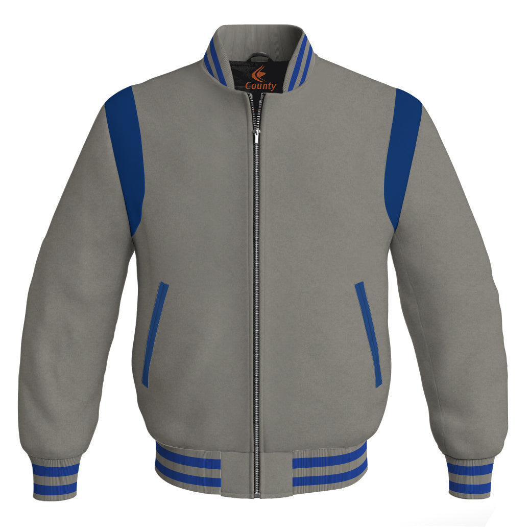 Letterman Baseball Bomber Retro Jacket Gray Body Blue Leather Inserts