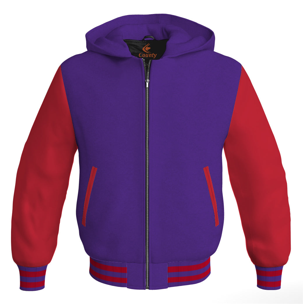 Letterman Bomber Hoodie Jacket Purple Body Red Leather Sleeves