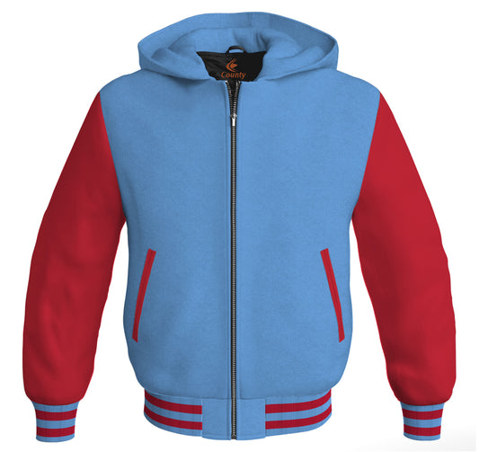 Letterman Bomber Hoodie Jacket Sky Blue Body Red Leather Sleeves