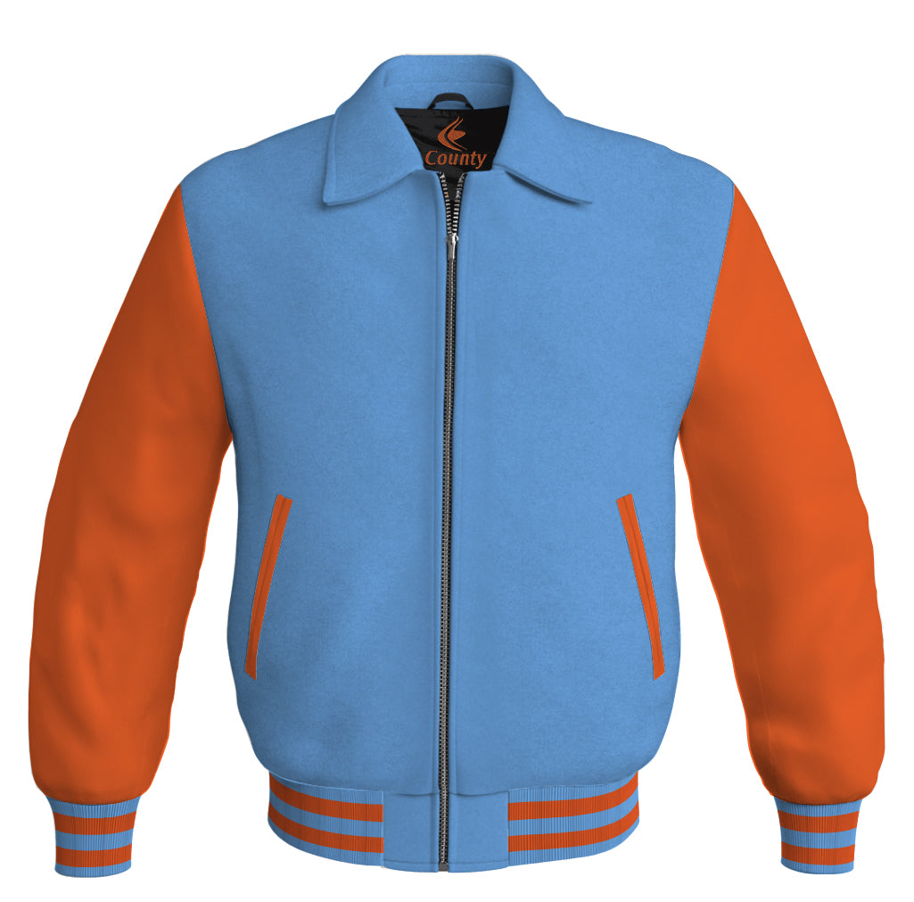 Luxury Bomber Classic Jacket Sky Blue Body and Orange Leather Sleeves