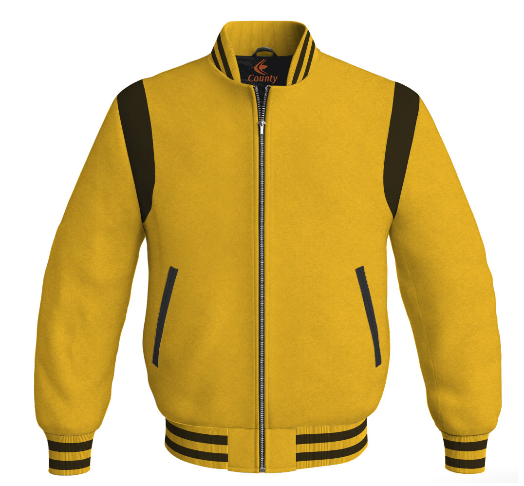 Letterman Baseball Bomber Retro Jacket Yellow/Gold Body Black Leather Inserts