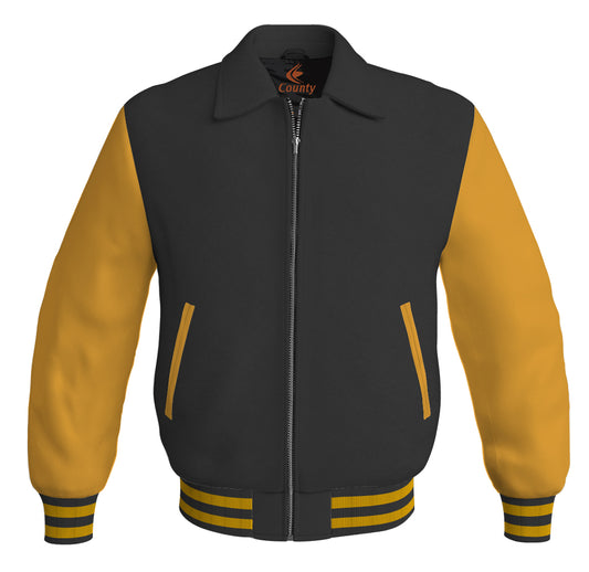 Luxury Bomber Classic Jacket Black Body and Golden Leather Sleeves