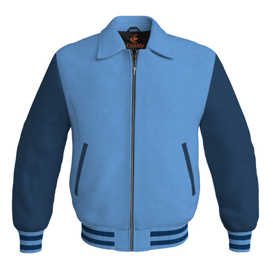 Luxury Bomber Classic Jacket Sky Blue Body and Navy Blue Leather Sleeves