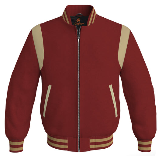 Letterman Baseball Bomber Retro Jacket Maroon Body Cream Leather Inserts