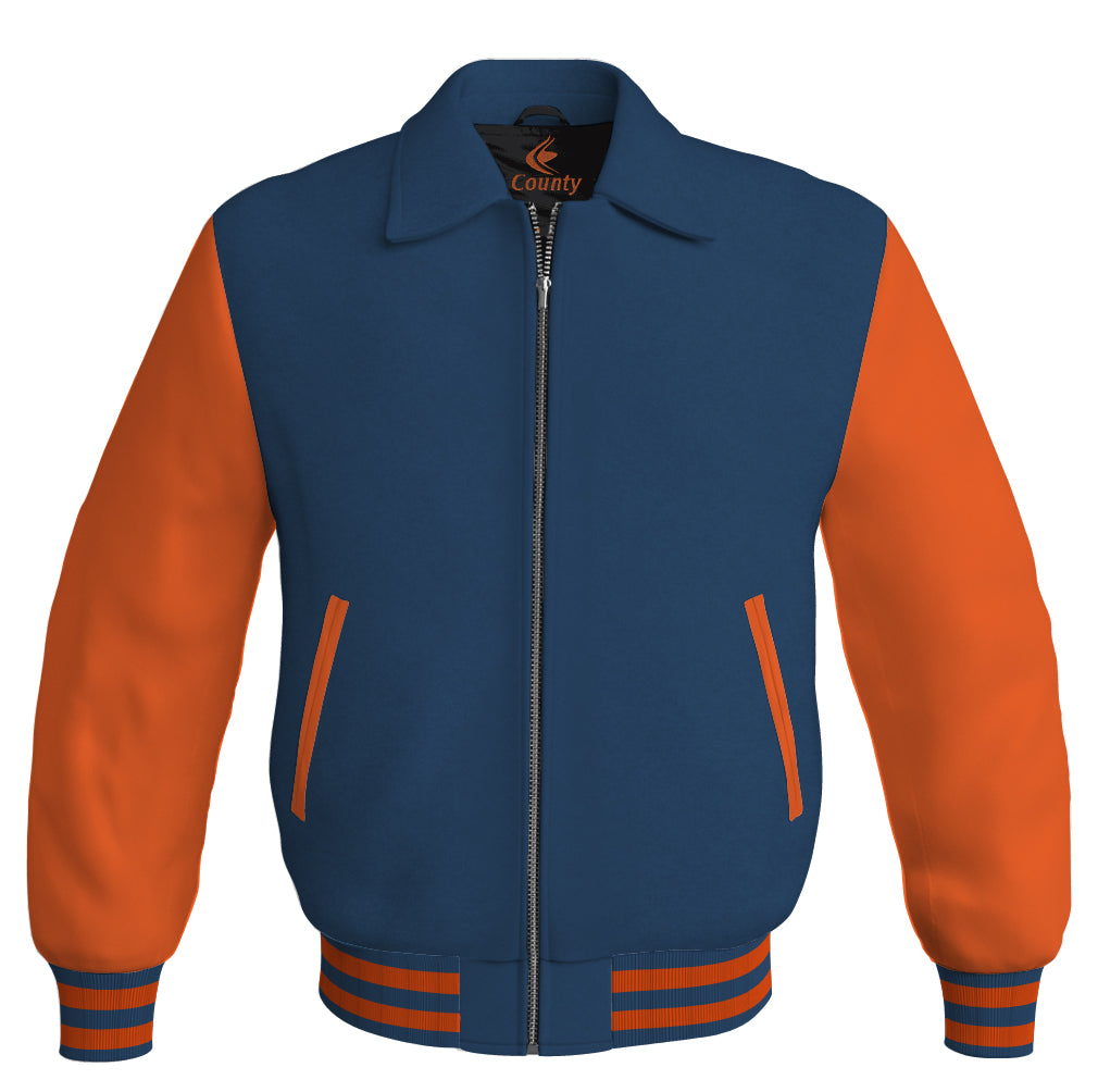 Luxury Bomber Classic Jacket Navy Blue Body and Orange Leather Sleeves