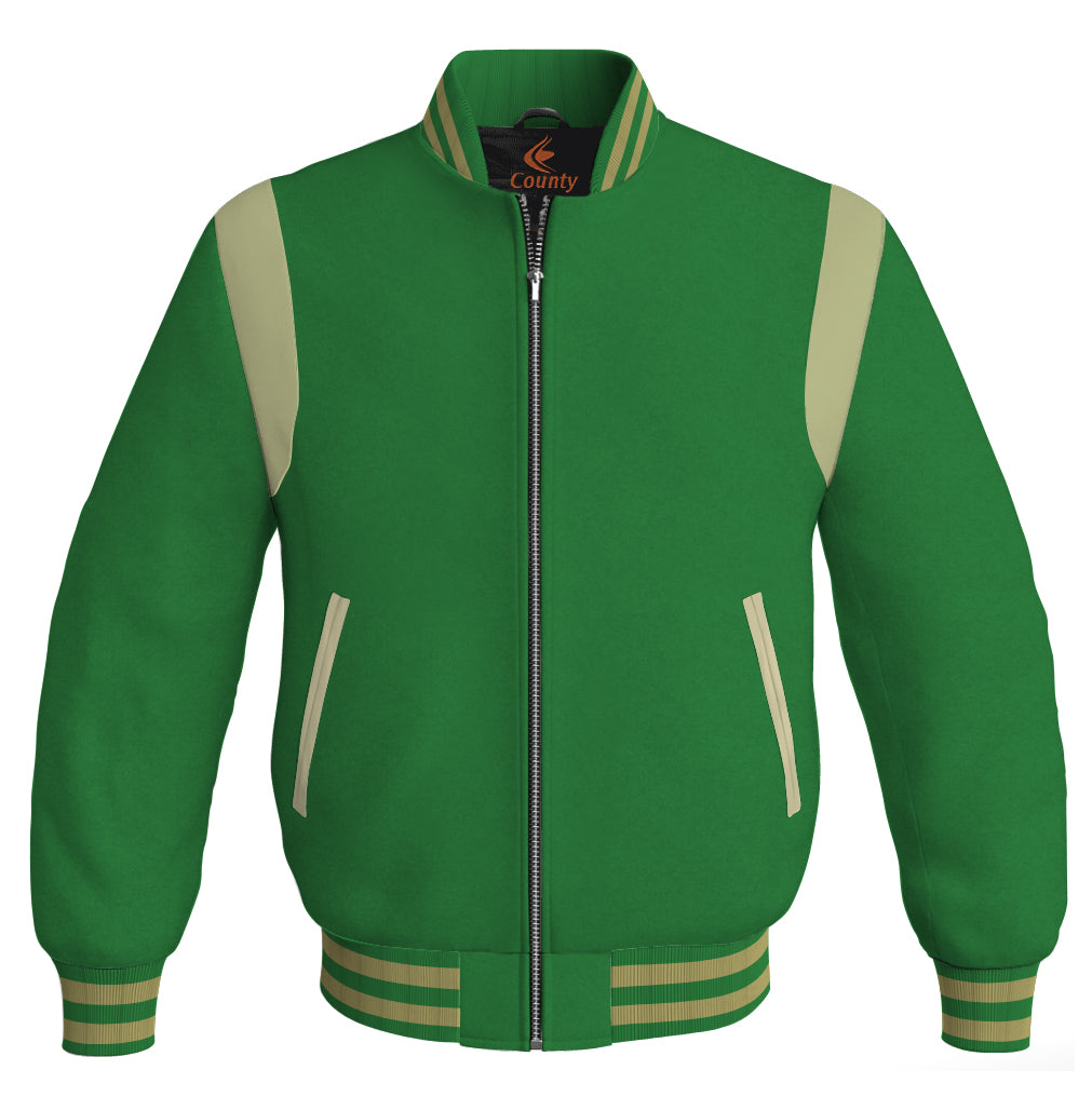 Letterman Baseball Bomber Retro Jacket Green Body Cream Leather Inserts