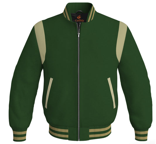 Letterman Baseball Bomber Retro Jacket Forest Green Body Cream Leather Inserts