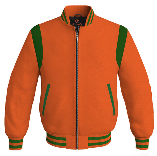 Letterman Baseball Bomber Retro Jacket Orange Body Green Leather Inserts