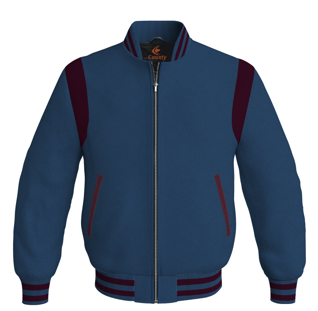 Letterman Baseball Bomber Retro Jacket Navy Blue Body Maroon Leather Inserts