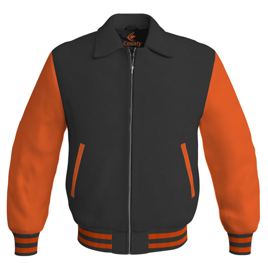 Luxury Bomber Classic Jacket Black Body and Orange Leather Sleeves