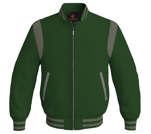 Letterman Baseball Bomber Retro Jacket Forest Green Body Gray Leather Inserts