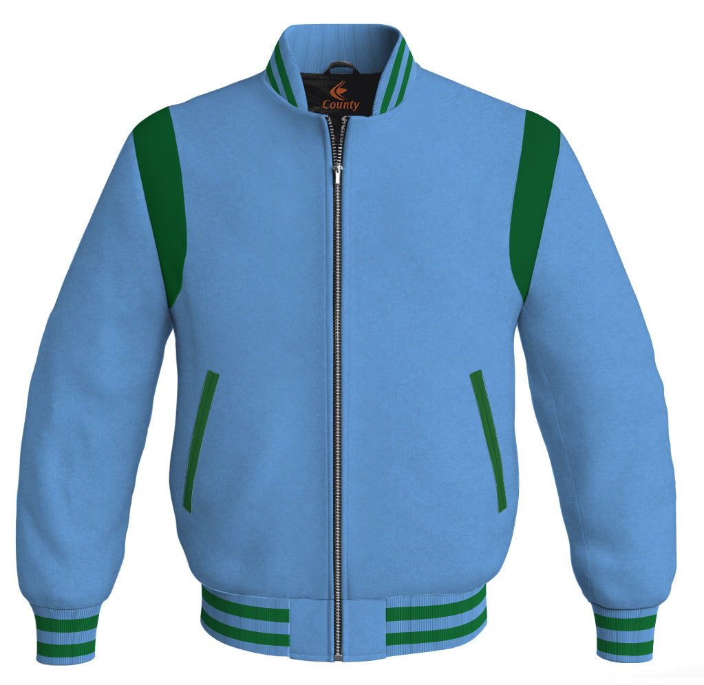 Letterman Baseball Bomber Retro Jacket Sky Blue Body Green Leather Inserts