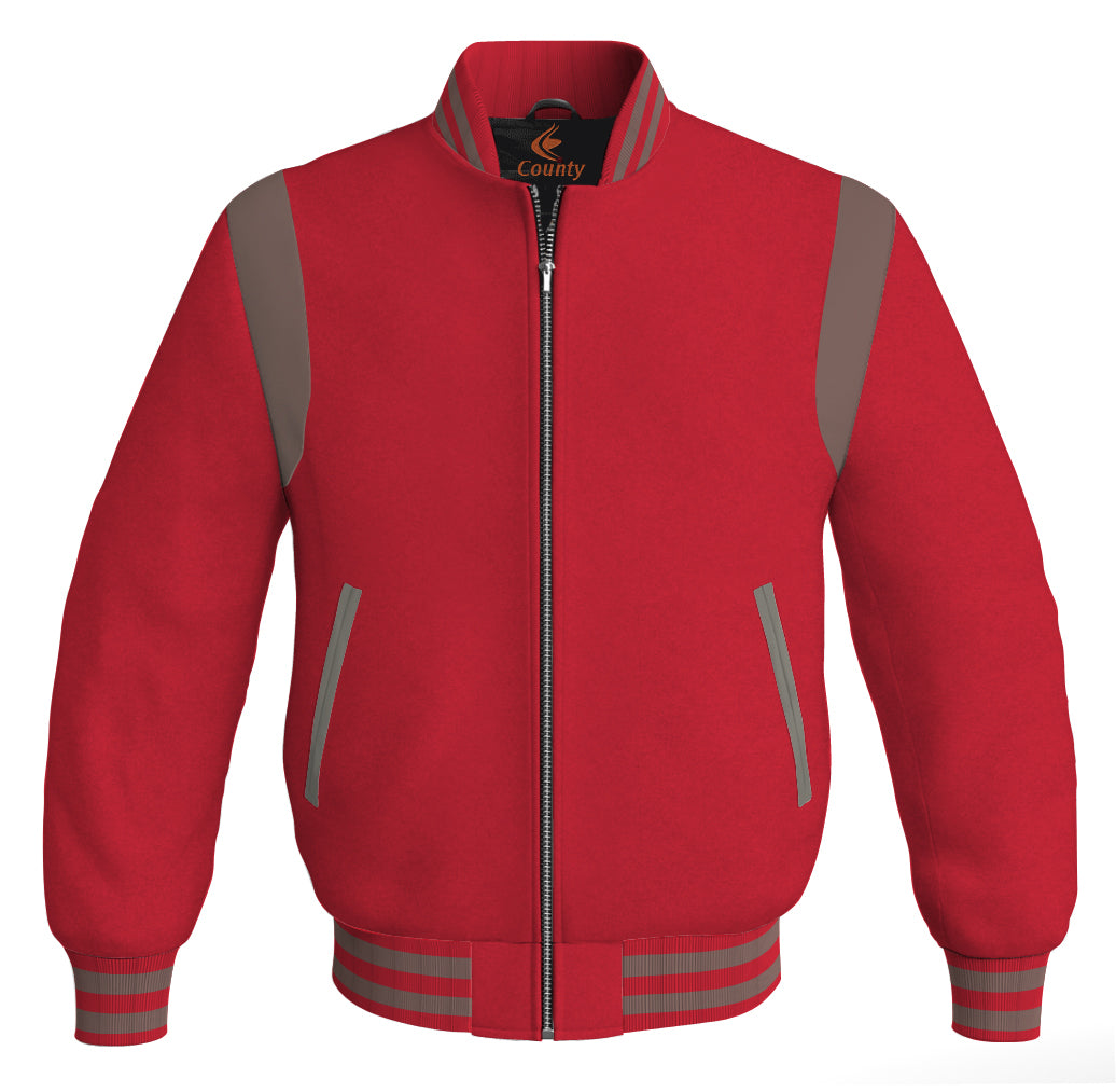 Letterman Baseball Bomber Retro Jacket Red Body Gray Leather Inserts